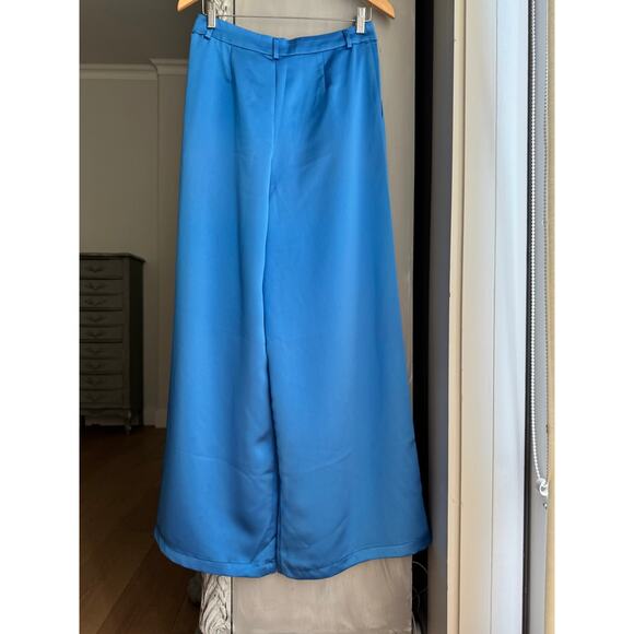 Anthropologie Du Paradis Pants Sz S Blue Satin High Waist Wide Leg Holiday NWT - Picture 2 of 9